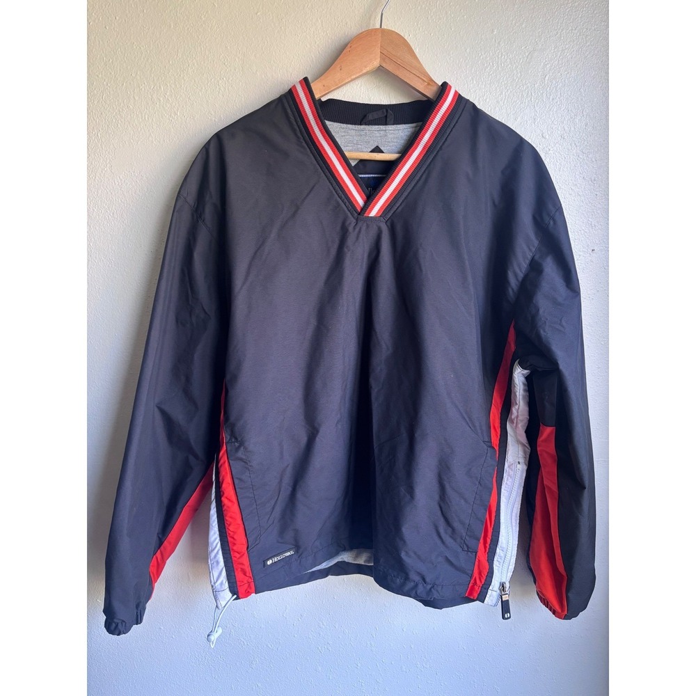 VTG Holloway Mens Small Black Red V-Neck Windbreaker Pullover Side Zip Jacket